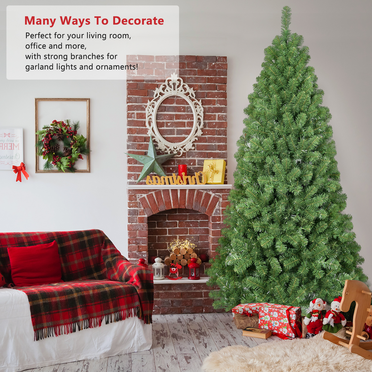 8FT Christmas Tree with Memory Wire, 1430 Tips Hinged Artificial PVC Tree, Easy Setup Green Xmas Tree for Indoor Holiday Decoration